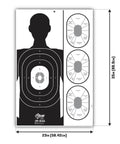 Human silhouette target with scoring zones for archery practice. Dimensions 23x35 inches (58.42x88.9 cm).