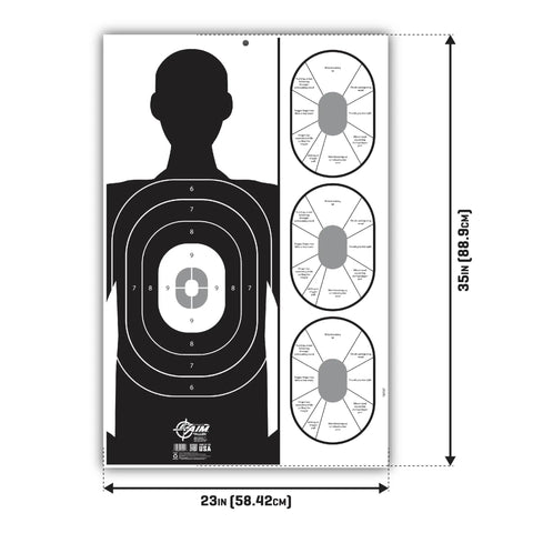 Human silhouette target with scoring zones for archery practice. Dimensions 23x35 inches (58.42x88.9 cm).