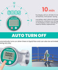 2 Inch Waterproof Turbine Water Flow Meter With NPT Thread illustrating auto turn off feature and real-time flow tracking display.