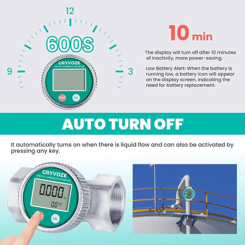 2 Inch Waterproof Turbine Water Flow Meter With NPT Thread illustrating auto turn off feature and real-time flow tracking display.