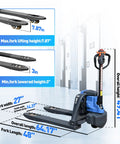 Two Pack Heavy Duty Electric Pallet Jack With 4400 Lbs Capacity Motorized Forklift Truck For Warehouse Work, feature 48 inch by 27 inch long forks and lithium-ion battery power, showcasing fork measurements and height options.