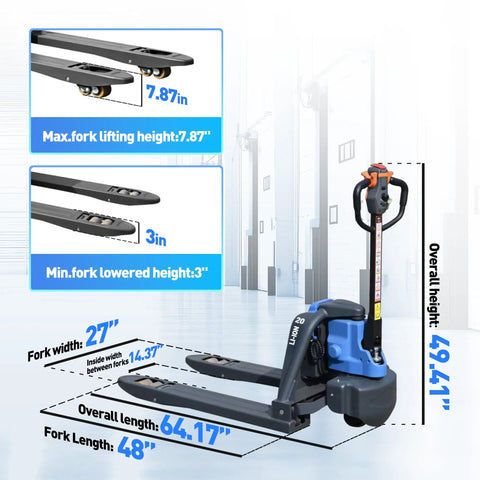 Two Pack Heavy Duty Electric Pallet Jack With 4400 Lbs Capacity Motorized Forklift Truck For Warehouse Work, feature 48 inch by 27 inch long forks and lithium-ion battery power, showcasing fork measurements and height options.