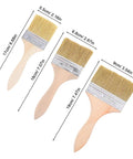 Three Piece Thickened Wood Handle Paint Brush Set With Ergonomic Grip For Decks, Furniture, Trim, Edges And Walls Heavy Duty DIY Home Improvement Painting Projects, showing three brushes with dimensions
