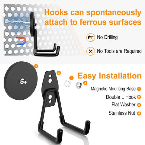 Heavy Duty Magnetic Hooks Set For Garage And Workshop, Hang Yard Tools, Cords, Hoses And Power Tools, 25 Lb Capacity, 2 Pack
