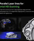 RaptorX Handheld 3D Scanner With Wireless Connectivity, Metrology Grade 0.02mm Accuracy scanning car part with blue light.
