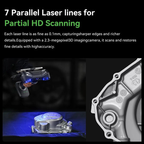 RaptorX Handheld 3D Scanner With Wireless Connectivity, Metrology Grade 0.02mm Accuracy scanning car part with blue light.