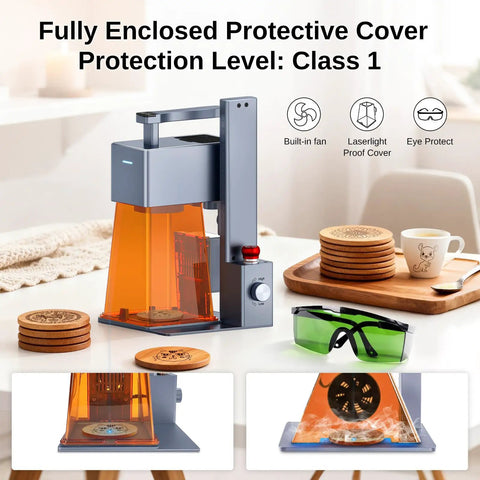 20W Diode Laser Engraver With Galvanometer And Field Lens Technology, Ultra Fast 2000 Millimeters Per Second, Portable Desktop DIY Laser Cutter displayed on table with protective cover and eyewear.