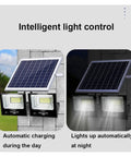 Top Shelf Led Solar Flood Light With Remote Control And Dusk To Dawn Auto Sensor IP67 Waterproof shown with solar panel charging.
