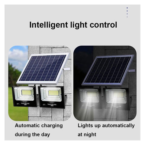 Top Shelf Led Solar Flood Light With Remote Control And Dusk To Dawn Auto Sensor IP67 Waterproof shown with solar panel charging.