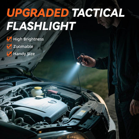 Man using upgraded tactical flashlight to illuminate engine under car hood at night, showcasing high brightness and zoom feature.
