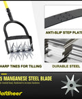 Heavy Duty Rotary Cultivator For Gardening With Long Handle Workhorse Tiller highlighting steel blade and anti-slip plate