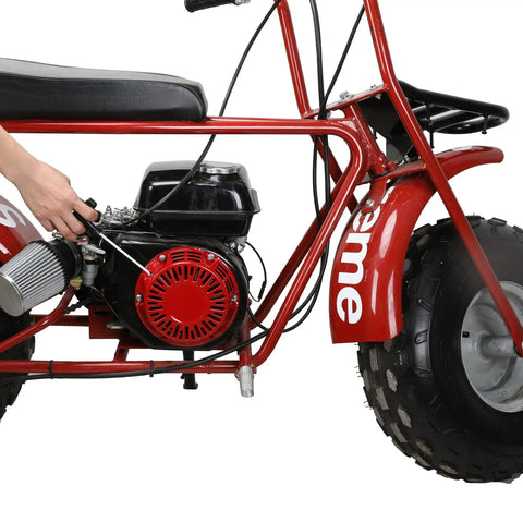 Side view of red mini bike with Recoil Pull Starter For Predator 196cc 212cc 6.5hp engine, highlighting starter mechanism.