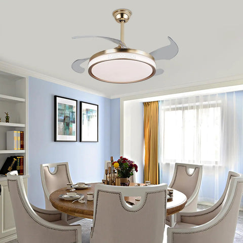 Ceiling Fan Light with Flush Mount Design, Integrated Illumination, Modern in dining room, featuring brass finish and soft light.