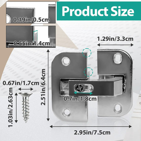 Two Piece Adjustable Pie Cut Corner Cabinet Hinge With Heavy Duty Nickel Plating and Quick Height Tuning for Smoother Door Swing dimensions and details shown.