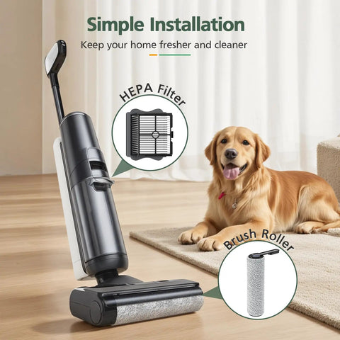 Cordless vacuum cleaner with S5 Replacement Brush Rollers And HEPA Filter Set, showcasing installation with a dog nearby.