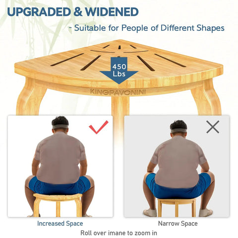 2-Tier Bamboo Shower Bench For Inside Shower No-Slip Legs 16 Inch Waterproof Bathroom Stool With Storage Shelf Sturdy Safe Seating For Seniors Adults Disabled Women Easy To Clean And Durable, demonstrating upgraded wideness and suitability for different shapes.