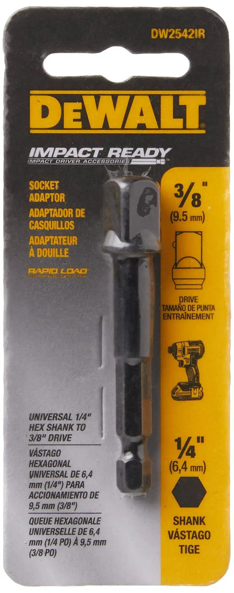 Impact Ready Hex Shank Socket Adapter 1/4 To 3/8 Inch Quick Change packaged on display card