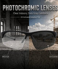 Hardcore Photochromic Safety Glasses With Slick Adaptive Lenses And Uv400 Shield For Serious Eye Protection During Cycling Diy Tasks And Outdoor Jobs Built Damn Tough For All Day Wear In Storm Gray Blue. Image shows indoor clear and outdoor dark gray lenses.