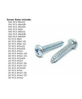 Pan Head Self Tapping Sheet Metal Screws Zinc Plated Assortment Kit With 1421 Pieces In Sizes #6 To #14, sizes listed beside screws
