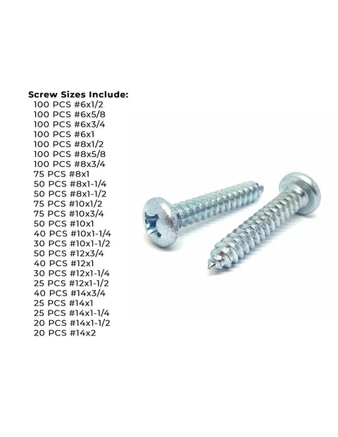 Pan Head Self Tapping Sheet Metal Screws Zinc Plated Assortment Kit With 1421 Pieces In Sizes #6 To #14, sizes listed beside screws
