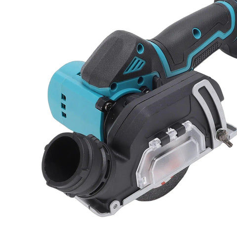 Close-up of Badass Cordless Mini Circular Saw With Brushless Motor and integrated dust chute for precise cutting.