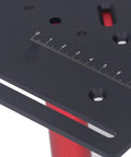 Close-up of Rock Solid Manual Router Uplift Kit for Woodworkers Seeking Hella Precise Height Adjustments, showing ruler and holes.