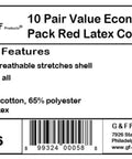 Product label for Economical String Knit Latex Dipped Palm Gloves With Nitrile Coated Fingers For General Purpose Work.