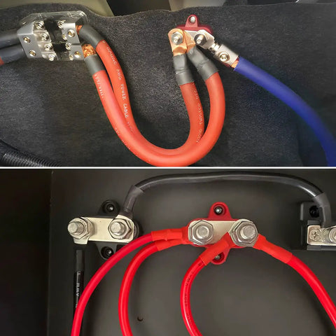 Heavy Duty 2 Pack Battery Junction Block With Insulated Power And Ground Posts M8 Dual Studs For Your Truck Whip Or Boat Deck Knockout, showing connections with colored cables.