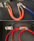 Top Notch 2 Pack 5/16 Inch Bus Bar Power Distribution Junction Block With M8 Positive Negative Terminals, Insulated Covers For No Sweat Truck RV Boat Electrical Hookups with red and blue cables.