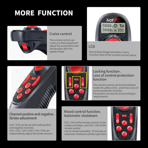DS600 6CH 2 4Ghz RC Transmitter And Receiver Remote Controller With PWM RX for RC Boat showing cruise control and LCD screen features.