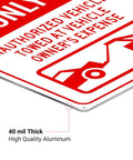 Close-up of Authorized Parking Only Sign 2 Pack Towed At Owners Expense Warning Plate 14 By 10 Inch Heavy Duty Aluminum, showing thickness and details.
