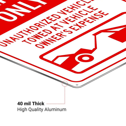 Close-up of Authorized Parking Only Sign 2 Pack Towed At Owners Expense Warning Plate 14 By 10 Inch Heavy Duty Aluminum, showing thickness and details.