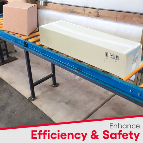 12 Inch Wide By 5 Feet Long Light Duty Gravity Conveyor Steel Frame Galvanized Rollers Polyurethane Coated For Shipping Assembly 6 Inch Center Spacing Supports Up To 900 Lbs Loads Heavy Gearing Ready with packages moving.