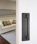 Matte Black Sliding Barn Door Handle Eight Point Six Inch Flush Pull Heavy Duty installed on white door