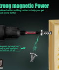 Magnetic power drill attachment showing screw alignment with 20 Piece One Quarter Inch Router Bits Set For Woodworking Go To Pro Grade Carbide.