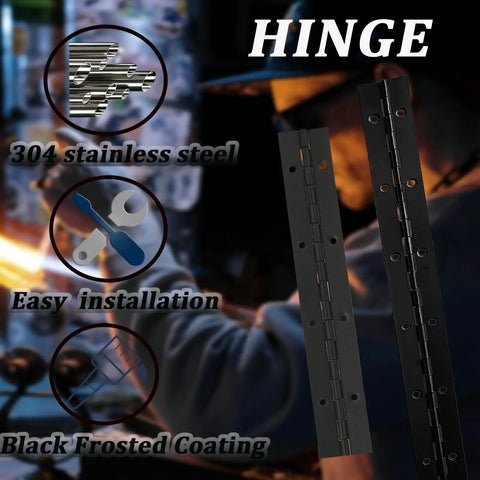 Four Pack Six Inch Matte Black Piano Hinges Built Tough With 304 Stainless Steel for easy installation on cabinets.