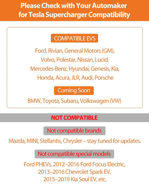 List of compatible and not compatible EVs for No Sweat NACS To CCS EV Charging Adapter.