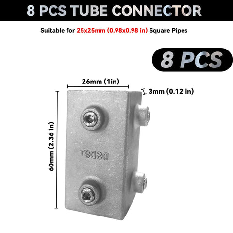 Boss Grade 25Mm Square Tube Connectors 8 Piece Set, aluminum alloy, 26mm joint, designed for DIY frame building.