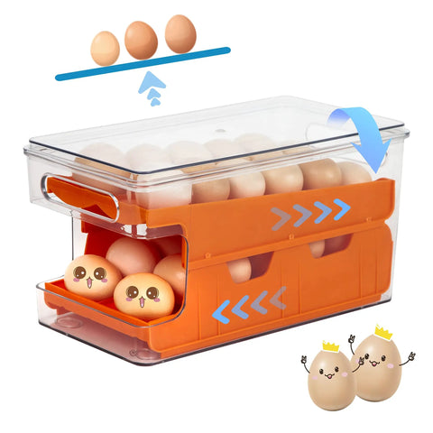 Stackable Fridge Egg Organizer With Lid, Large Capacity Egg Holder Tray For Refrigerator, Double Track Rolling Design in orange