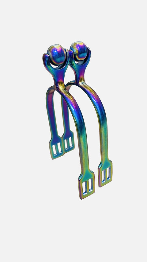 Roller Ball Horse Spurs With Dope Multi Color Stainless Steel Rainbow Finish for English Riding showing roller ball detail