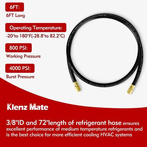 Pro Grade HVAC Vacuum Hose 72 Inches Long With Three Eighths Inch Flare Fittings For Fast Evacuation And Refrigerant Recovery