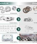 Front view of flat washers set: 520 pcs SAE + metric, 23 sizes, 304 stainless steel hardware kit for bolts