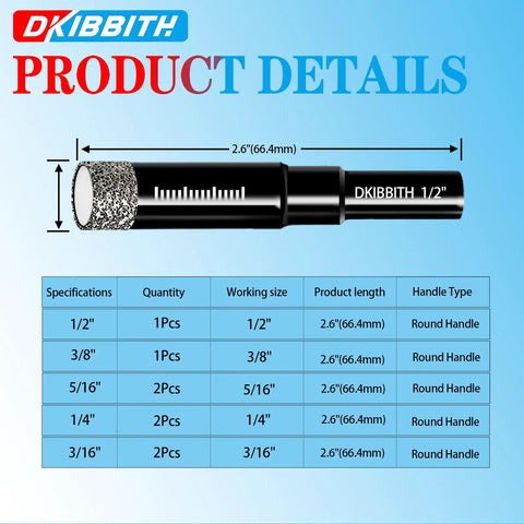 Eight Pack Diamond Drill Bits Set For Granite Ceramic Marble Tile Glass With Wax Lubricant For Fast Dry Drilling product details chart