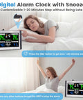 Wireless Indoor Outdoor Weather Station With Color Display Digital Temperature And Humidity Monitor Alarm Clock USB Port Adjustable Backlight 6.1 Inch Screen Easy To Read Interface Black And Silver next to sleeping woman