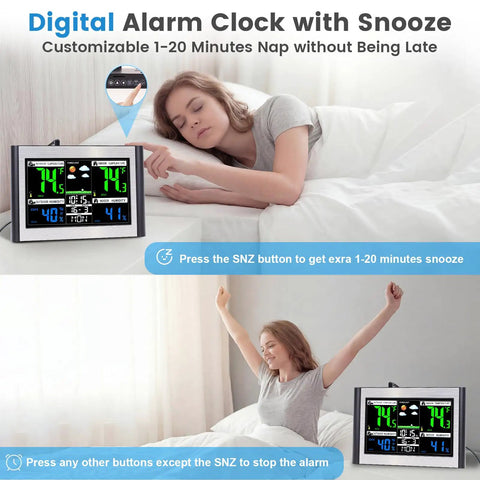 Wireless Indoor Outdoor Weather Station With Color Display Digital Temperature And Humidity Monitor Alarm Clock USB Port Adjustable Backlight 6.1 Inch Screen Easy To Read Interface Black And Silver next to sleeping woman