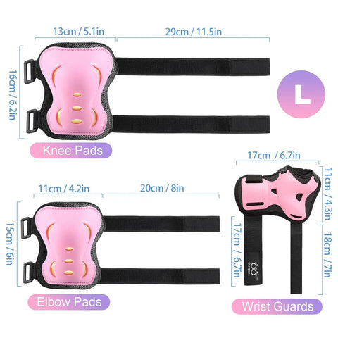Six Pack Knee Pads Elbow Pads And Wrist Guards Protective Gear Set for all ages, pink knee, elbow, and wrist guards with dimensions