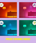 Illustration of four preset dynamic modes for smart plugs, showcasing different ambient lighting colors with icons.