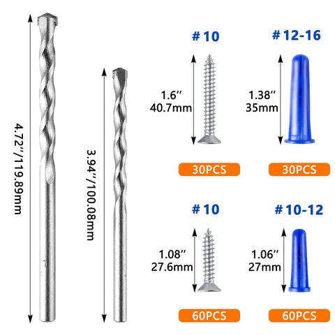Heavy Duty Concrete Anchors And Screws Kit For Drywall Masonry And Brick 180 Piece Wall Hanger Set With 90 Drywall Anchors And 90 Flat Head Screws Includes Drill Bit For Picture Frames And Wall Decor shown with measurements