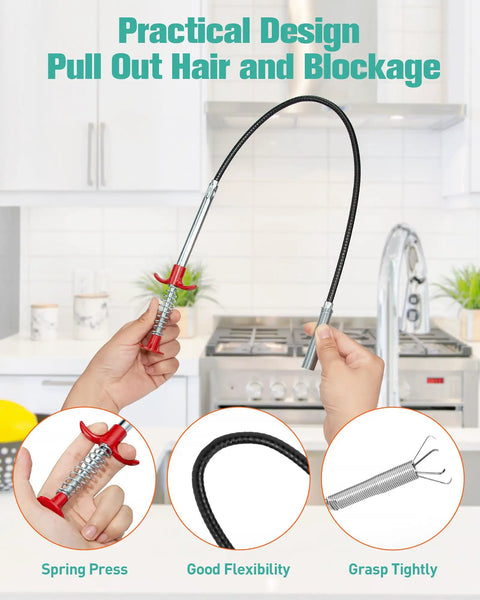25 Inch Drain Clog Remover 7 Pack with flexible hair snake hooks and grabber stick for tackling clogged pipes in kitchens.
