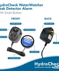 Front and back view of Smart Water Leak Detector Alarm For Home And Basement, Flood Prevention with Automatic Shutoff.